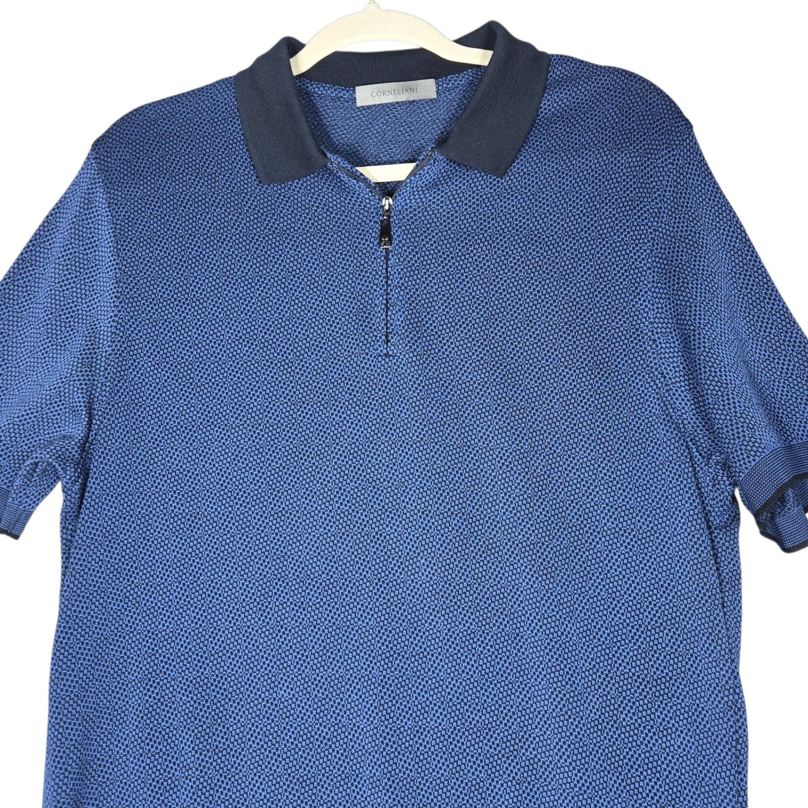 Corneliani Quarter Zip Polo Mens 52 Large Navy Cotton Jacquard Pullover Italy