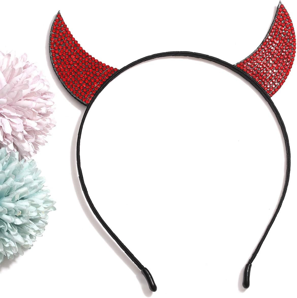 Halloween Headbands for Women Rhinestone Devil Horns Headband Crystal Cat Ears H