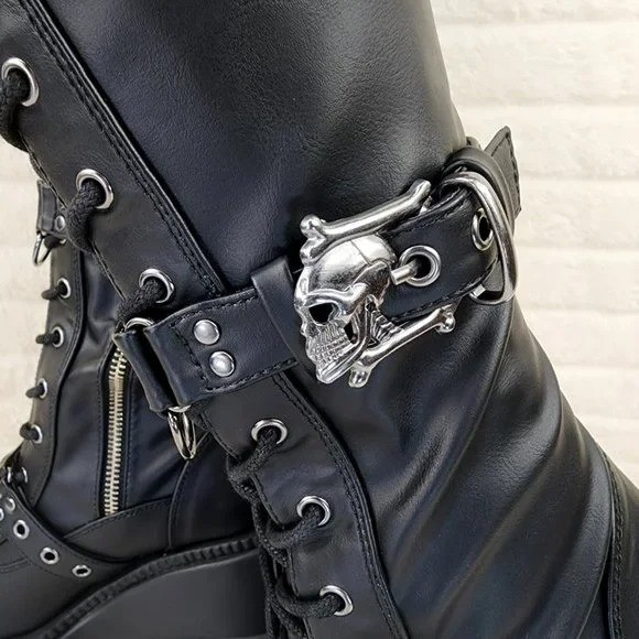 Shaker 420 Black sTRETCH 4.5″ Wedge Heel OTK Thigh Boots Skulls Zippers NY DEMON