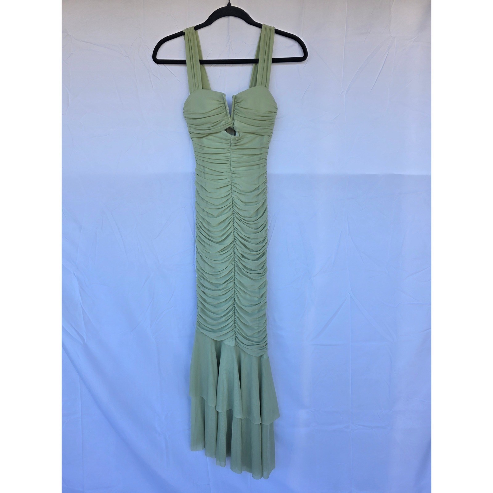 Hello Molly Sage Green Ruched Mesh Dress V-Wire Mermaid Hem Formal Gown NWT XS