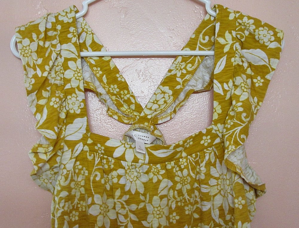 LC Lauren Conrad Women’s sz L square neck floral sleeveless ruffle tank yellow