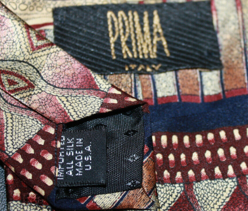 Prima Imported All Silk Men’s Necktie Maroon Blue Geometric 3.75″ x 59″