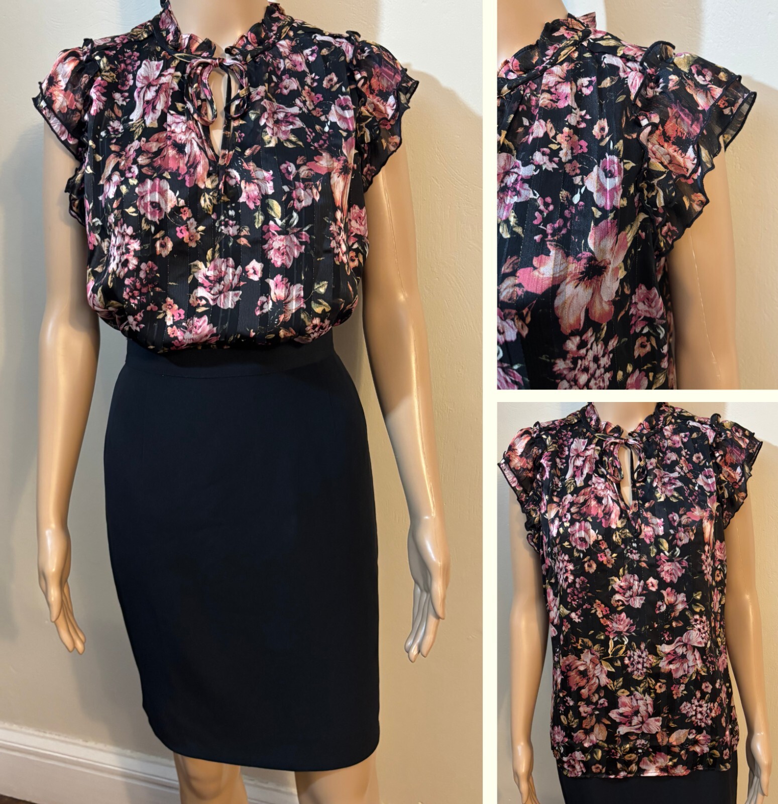 NEW Tamara H Blouse Sz XS NWT Black Semi-Sheer Lined Top Flutter Cap Sleeves