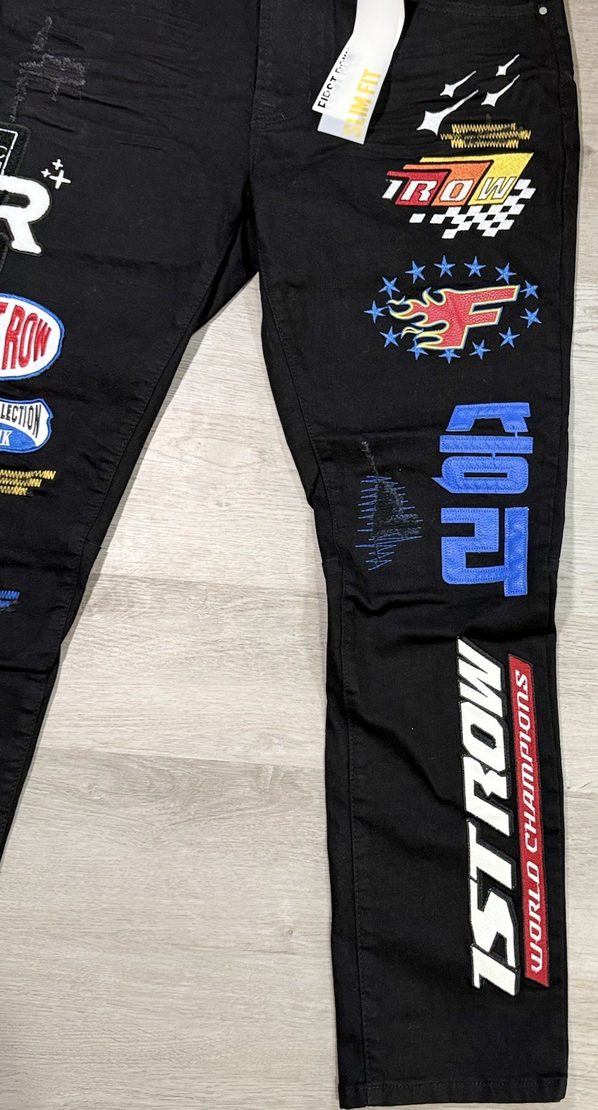 First Row Downtown La Racing Slim Fit Jeans Men’s Size 38×32 Black Patchwork NWT