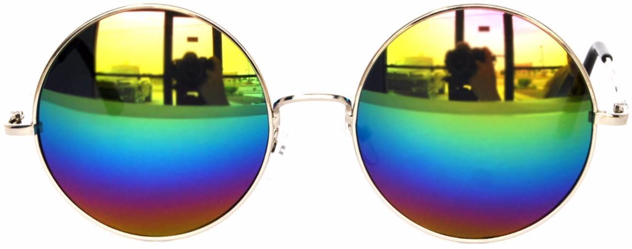 Retro Round Vintage Sunglasses Multi color Lens Metal Silver Spring Hinge 56 mm