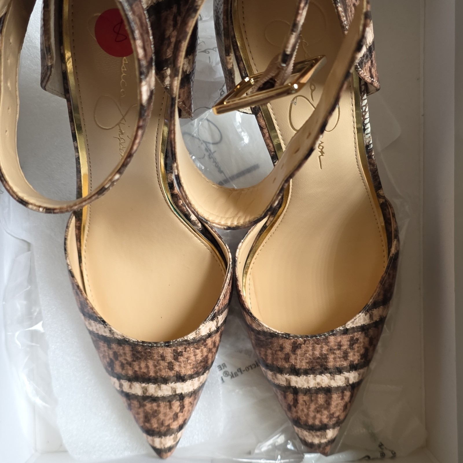 Jessica Simpson Women’s Snake Print Fabric Pump Pointed Toe Ankle Strap 8M