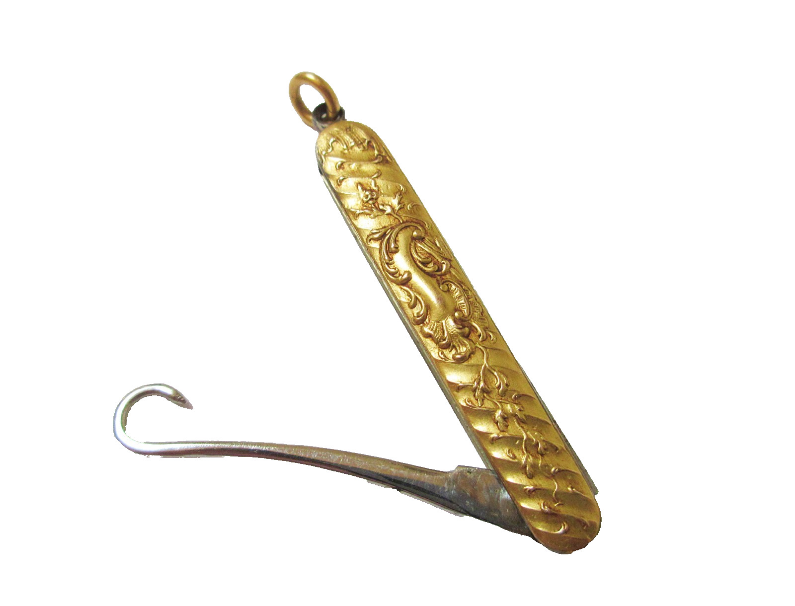 Antique Glove Button Hook 10k Gold Ribbed Design with Scrolls