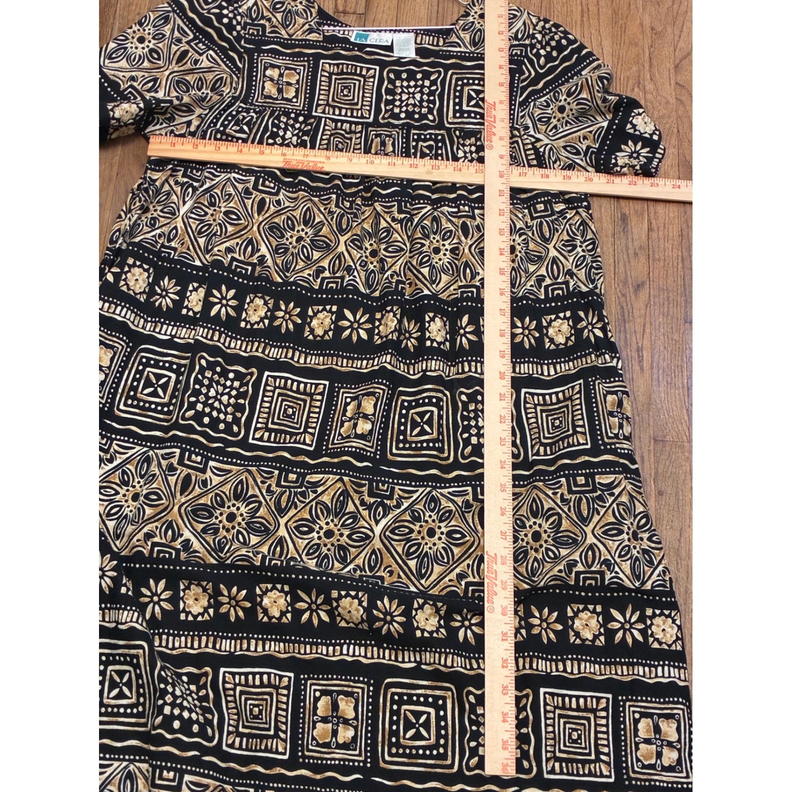 Vintage La Cera Cotton Batik Print Midi Dress Black Tan Geometric Pockets Medium