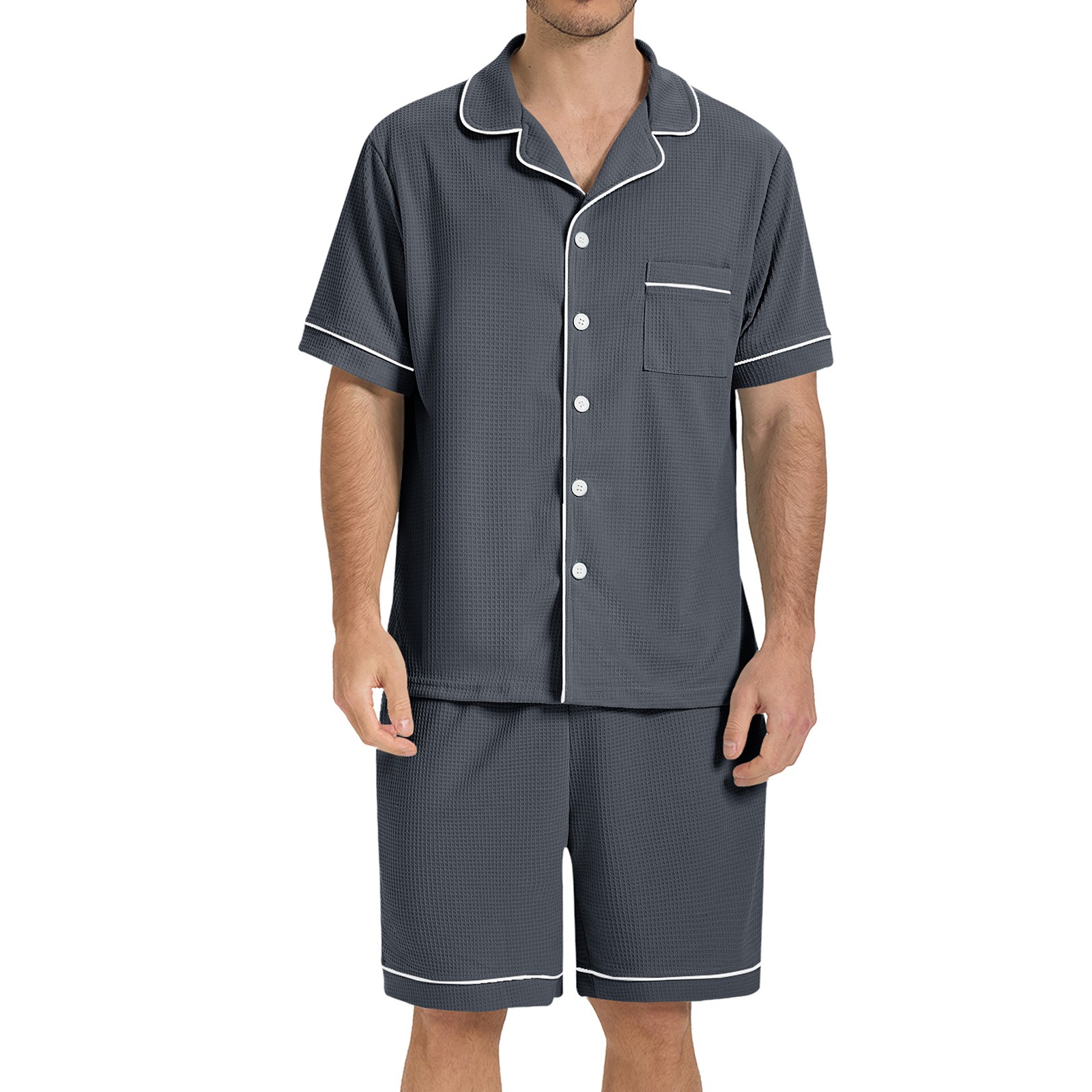 SIORO Men Waffle Knit Pajamas Set Short Sleeve Sleepwear Button Down Loungewear