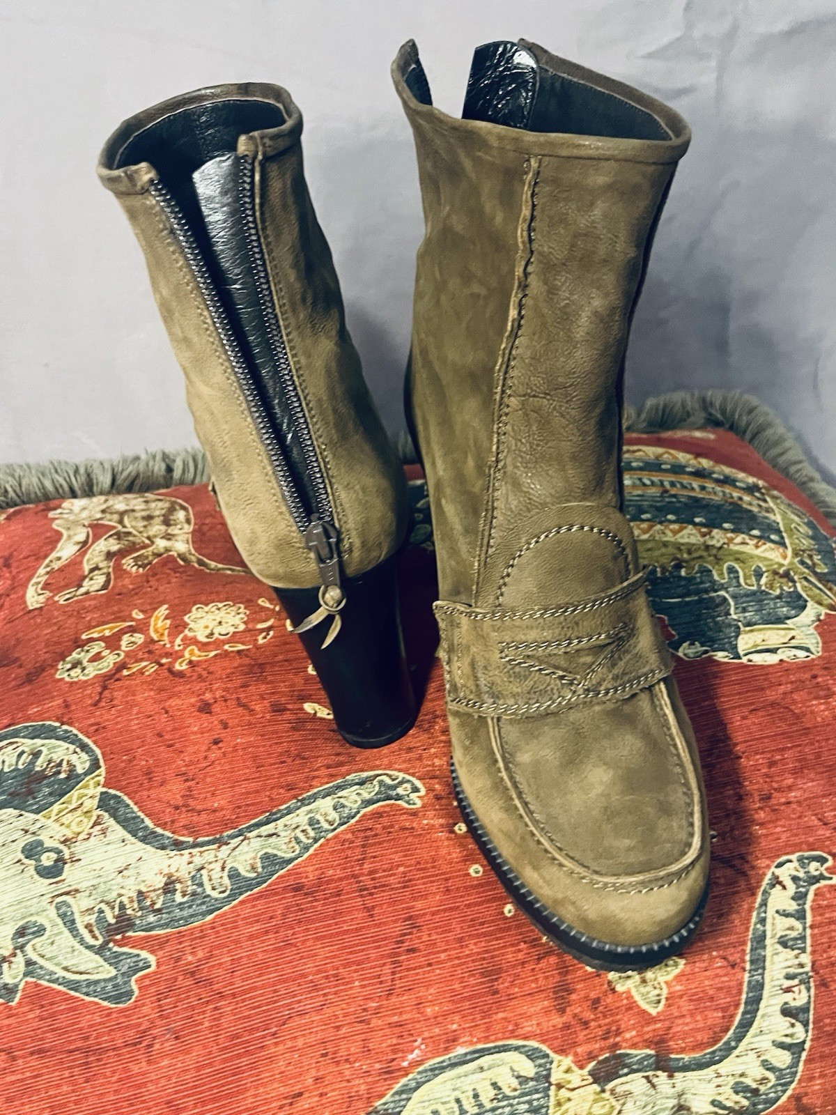 Stuart Weitzman Brown Leather Zip Ankle Boots Block Heel Square Toe Womens 8.5M