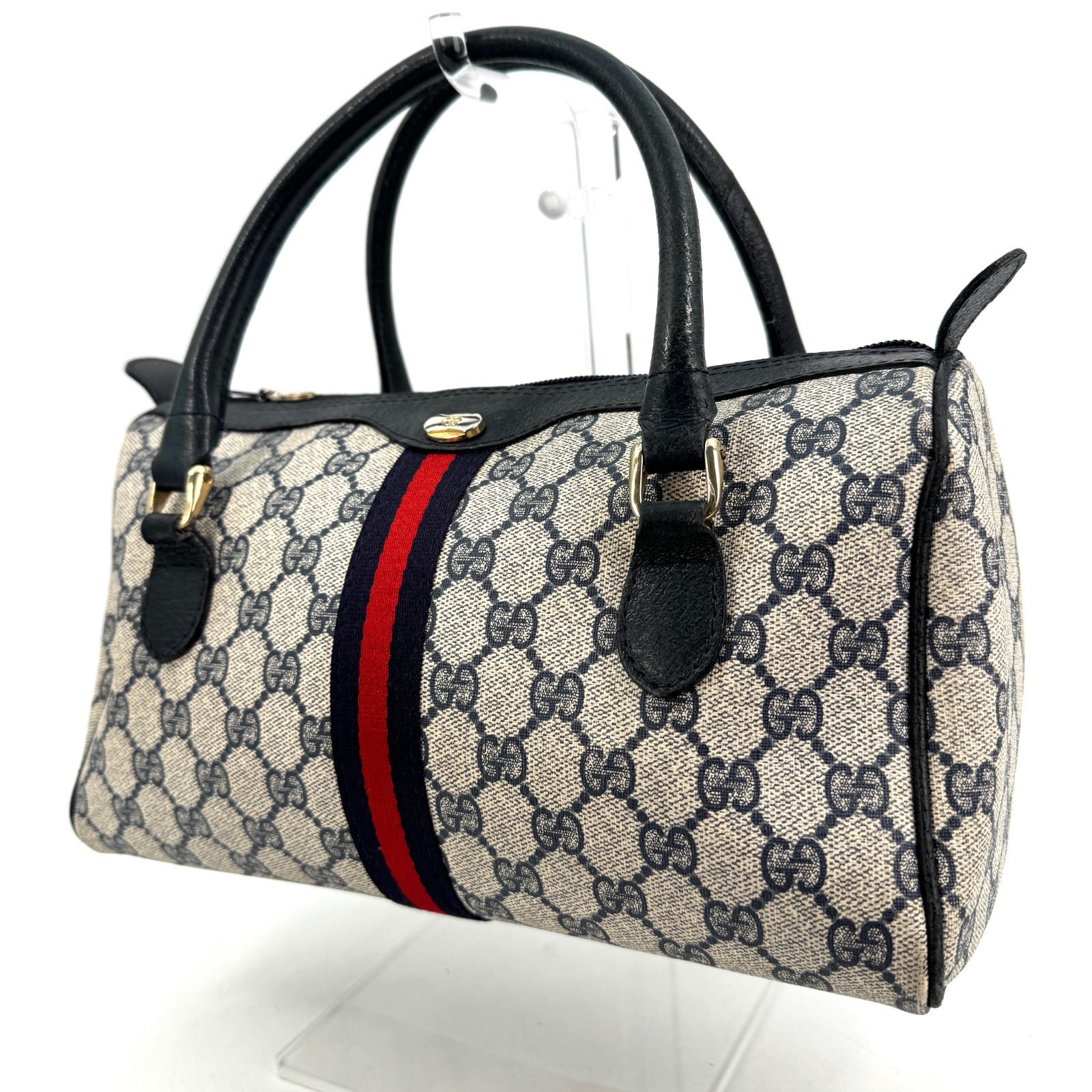 Vintage Gucci Hand Bag Sherry Navy Mini Boston Bag PVC Authentic 446T0403