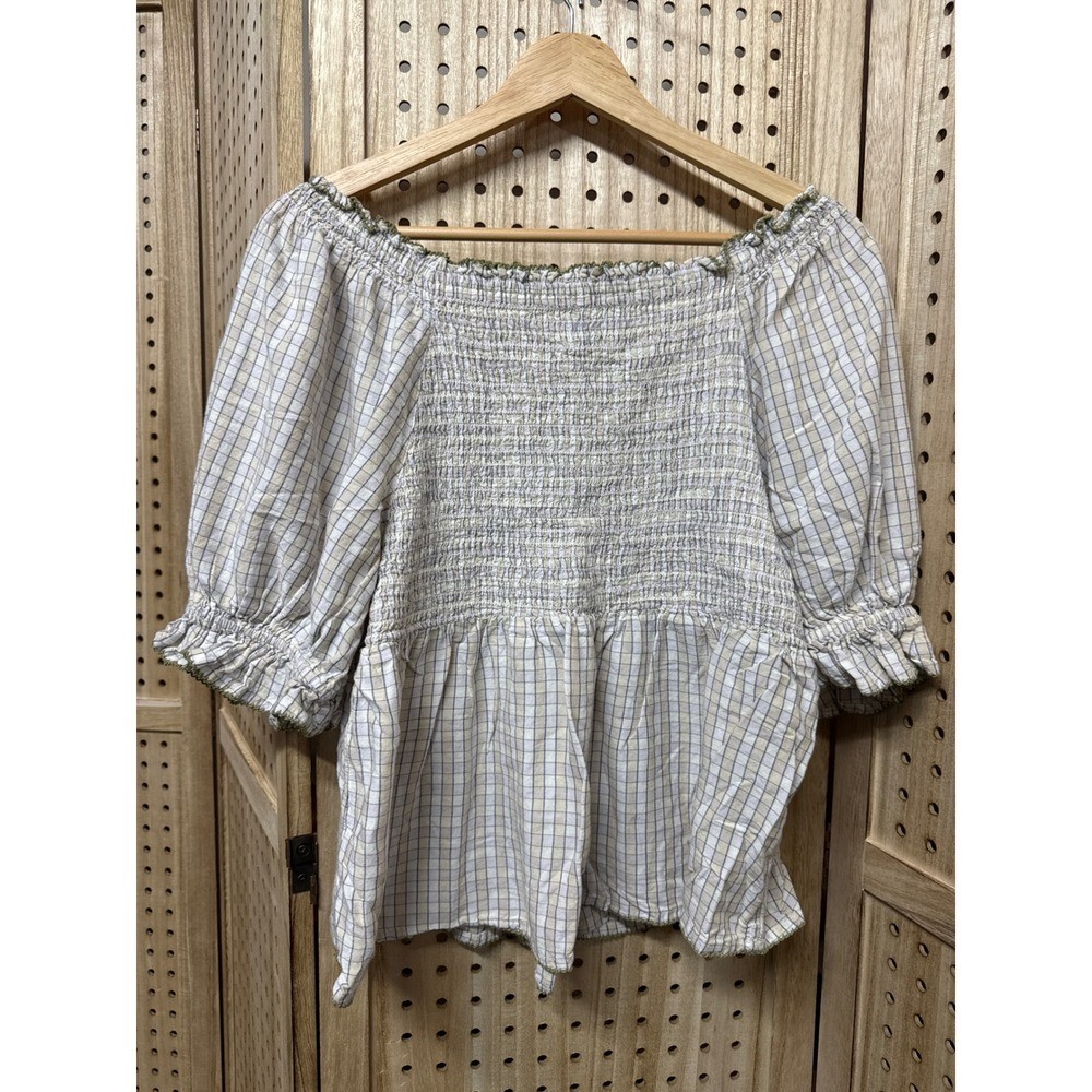 Old Navy Womens Large Plaid Smocked Peplum Puff Sleeve Blouse Cream Olive Green