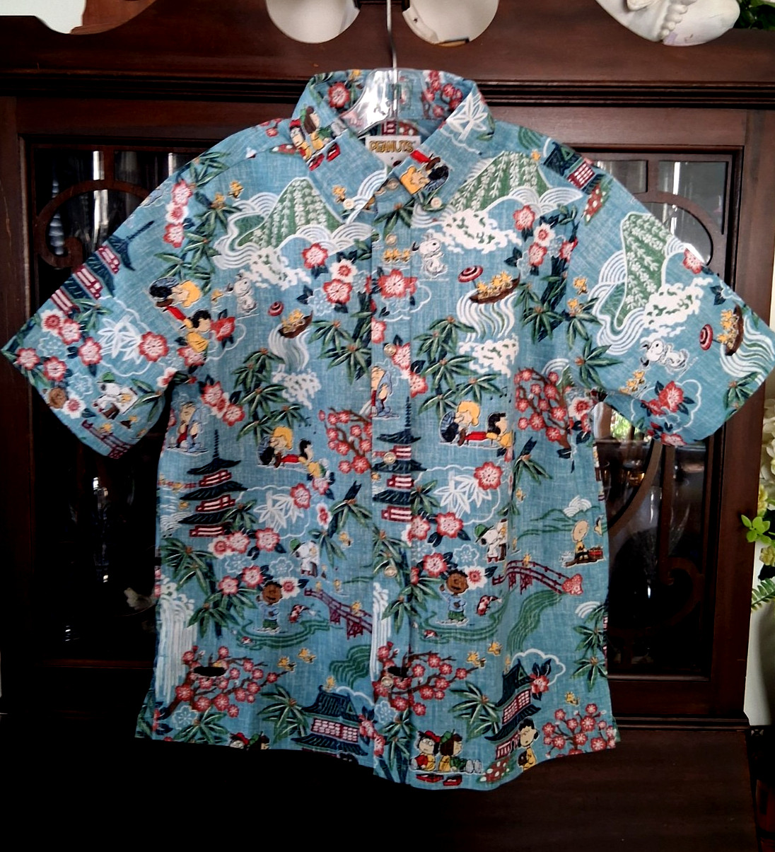 Reyn Spooner Boy’s “PEANUTS IN JAPAN” NWT Aqua Button Front Shirt Sizes