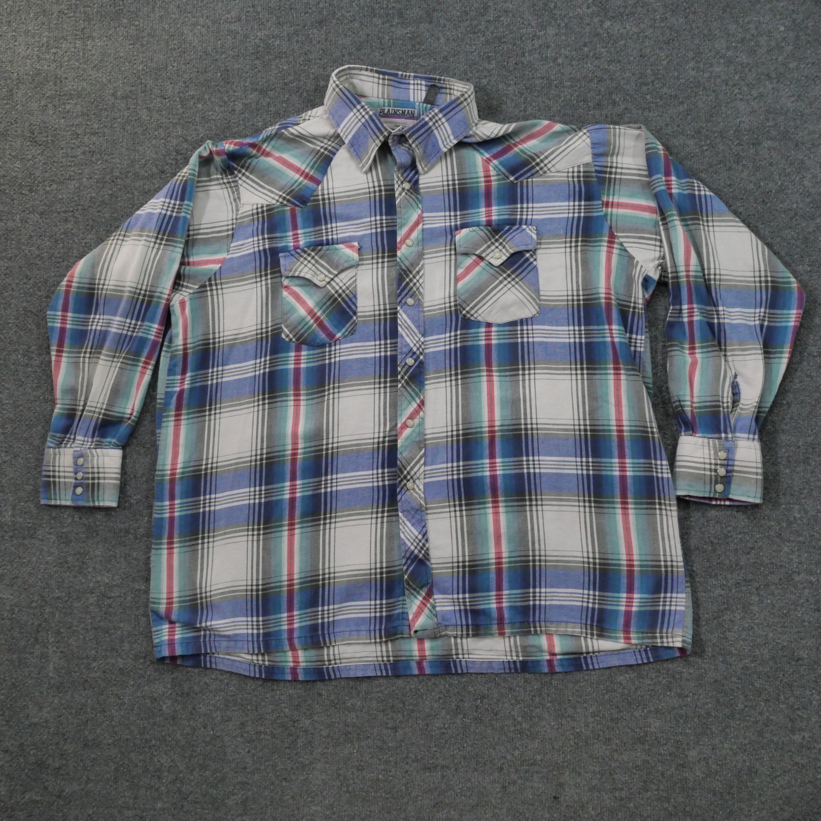 Vintage Plainsman Shirt Mens 2XL Blue Plaid Pearl Snap Western Country 90s