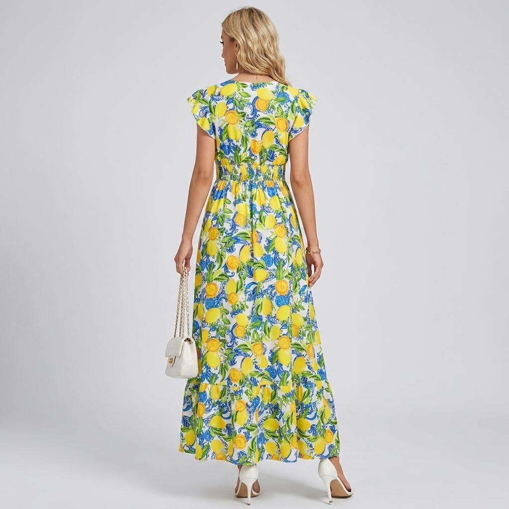 Womens Lemon Print Maxi Dress V Neck Cap Sleeve Summer Beach