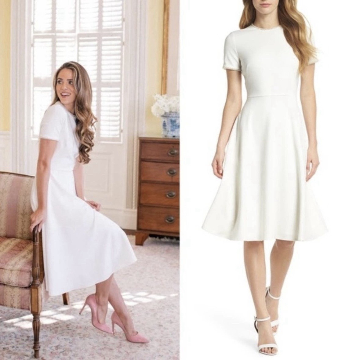 Gal Meets Glam Collection Pearl Trim Midi Fit And Flare Dress Ivory White 8