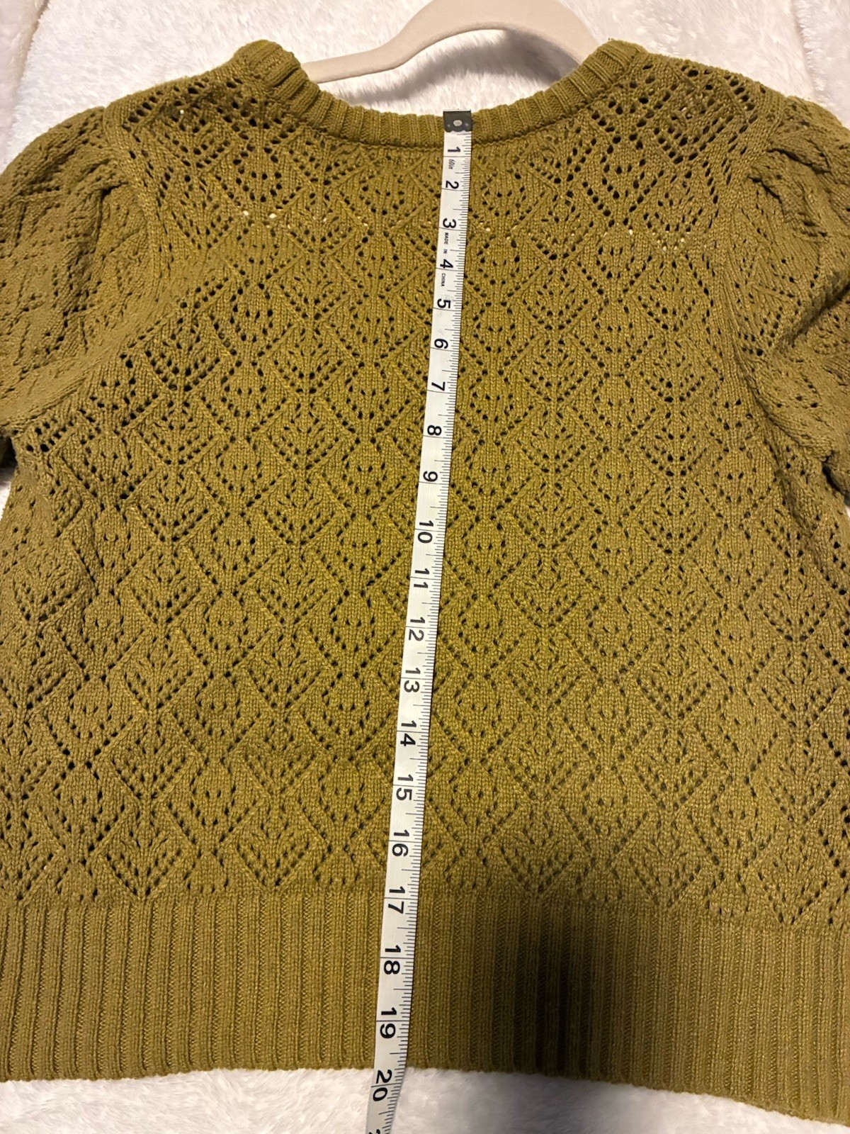 Marled Olive Green Openwork Knit Pullover Sweater M Crew Neck Short Sleeve