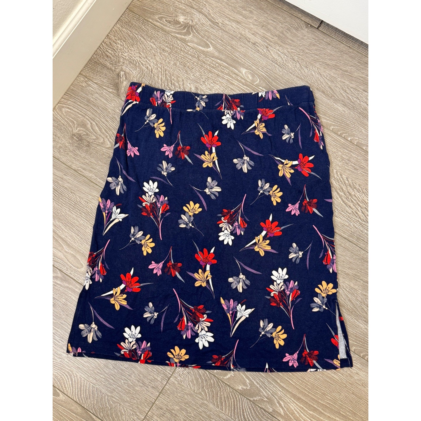 St Johns Bay L Navy Blue Floral Knit Skirt Large Tassel Drawstring Pockets Slit