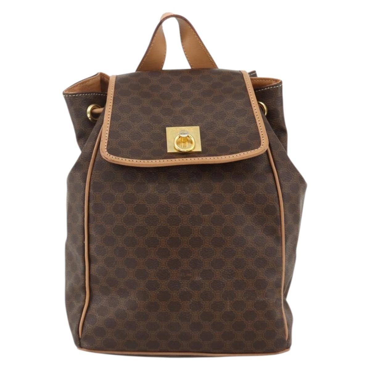 CELINE Macadam Canvas Backpack PVC Leather Brown Gold Auth BAZ796A