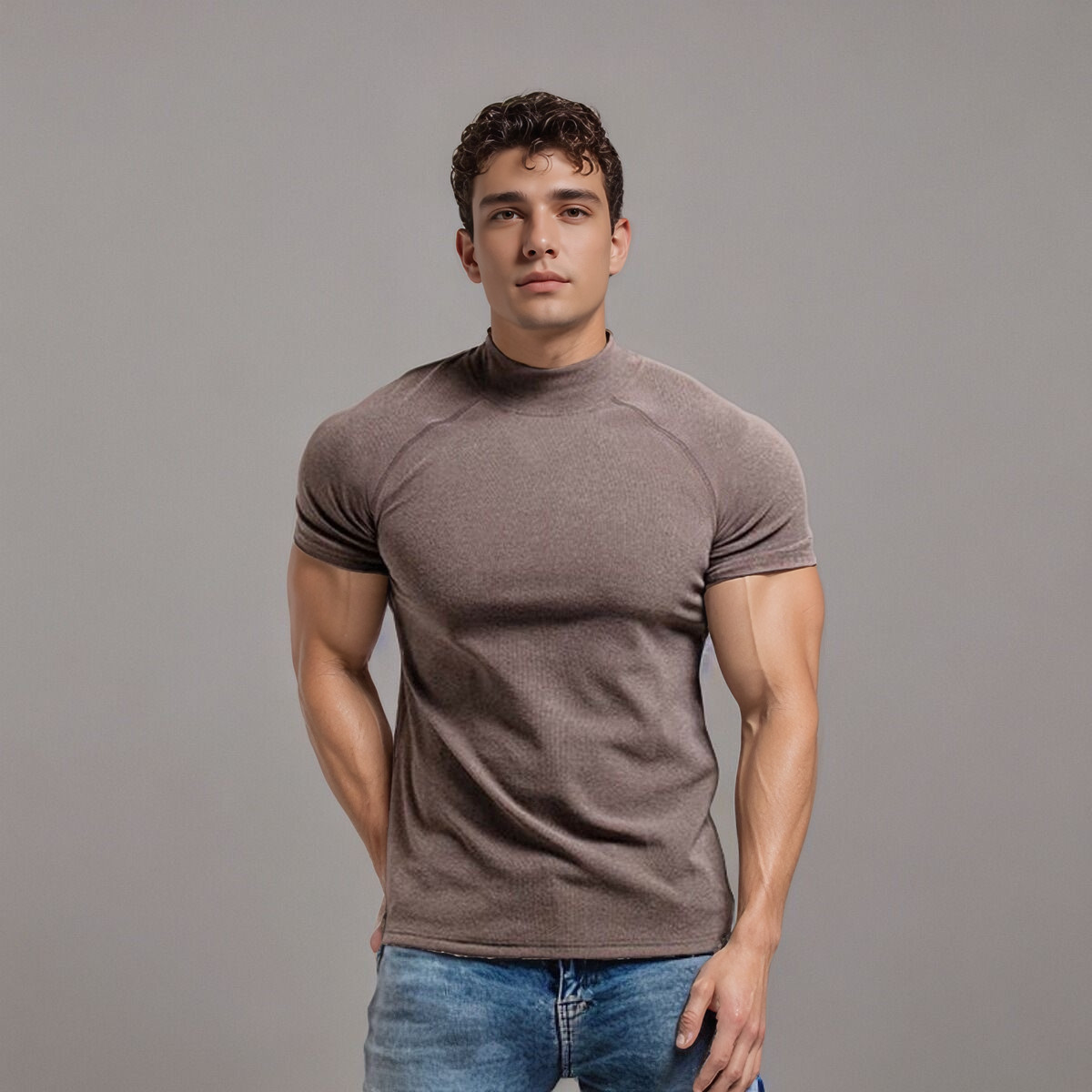 Men’s Muscle Slim Fit T Shirt Streetwear Solid Colors Gym High Neck