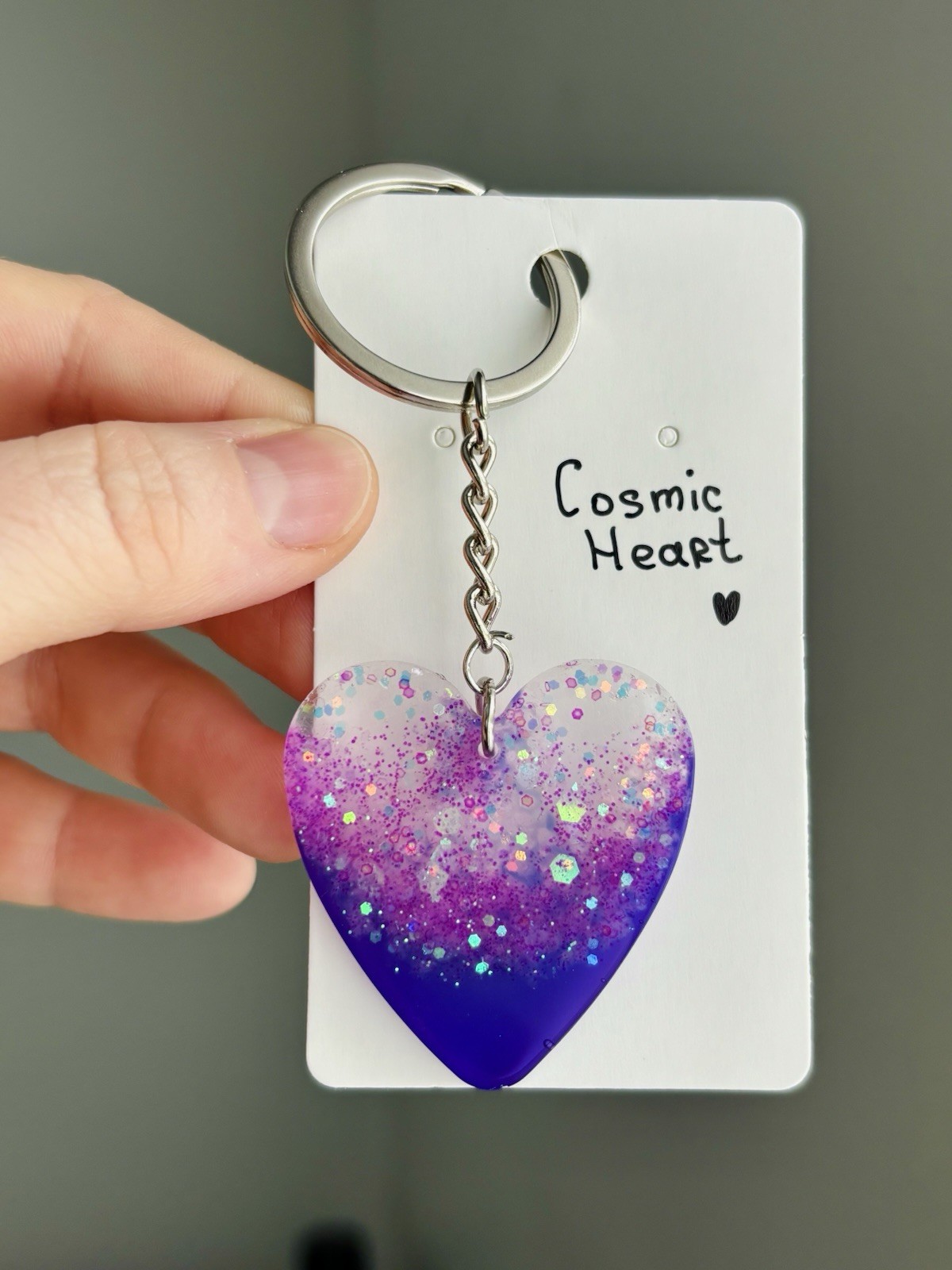 Cosmic Heart Resin Heart Keychain Handmade Purple Pink Glitter Galaxy Bag Charm