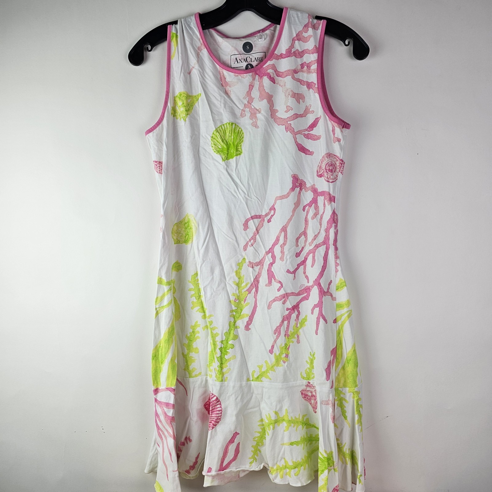 Ana Clare Coral Pink White Green Sleeveless Dress S Casual Summer Ruffle Hem