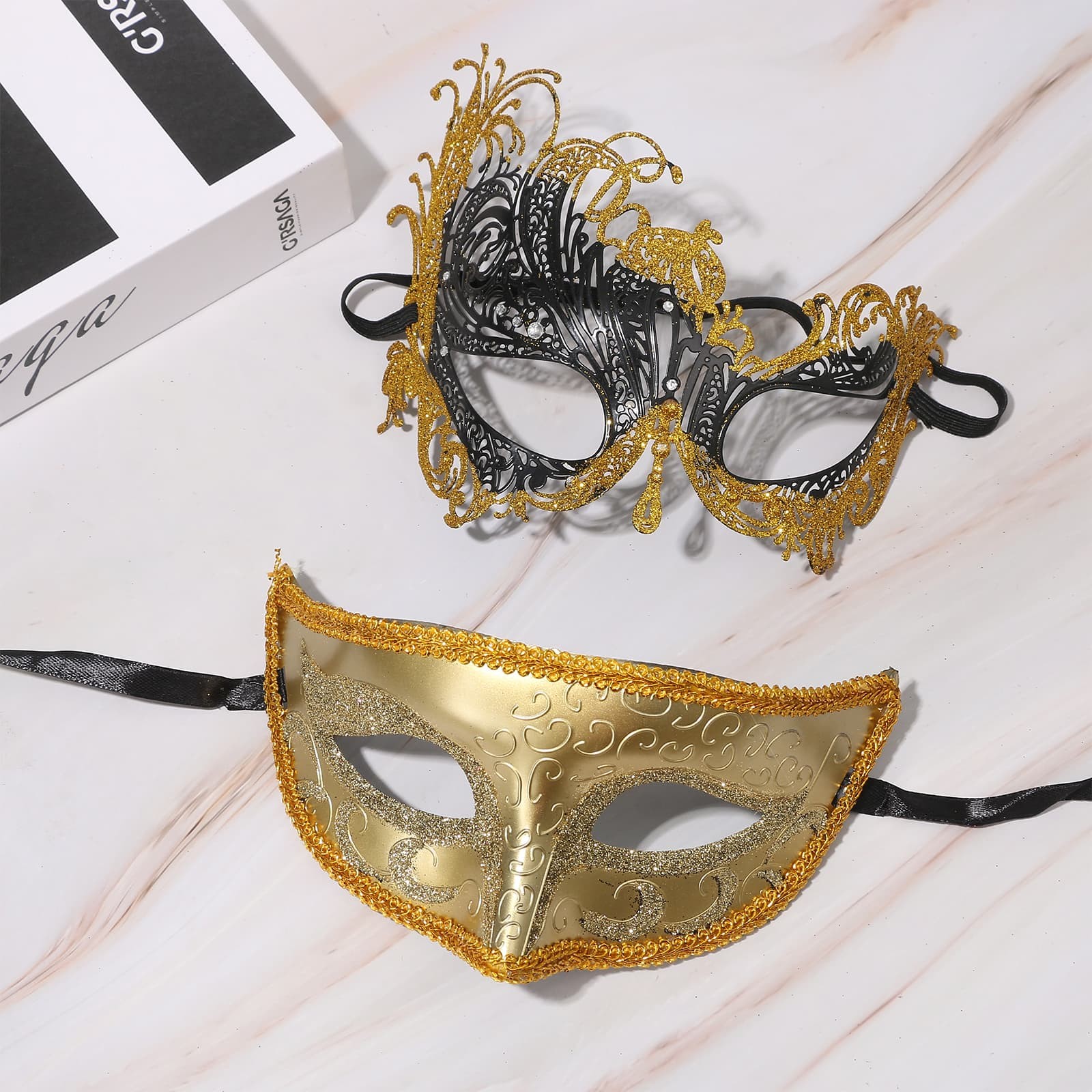 2Pcs Couple Carnival Masquerade Mask Set Metallic Festival Party Halloween Masks