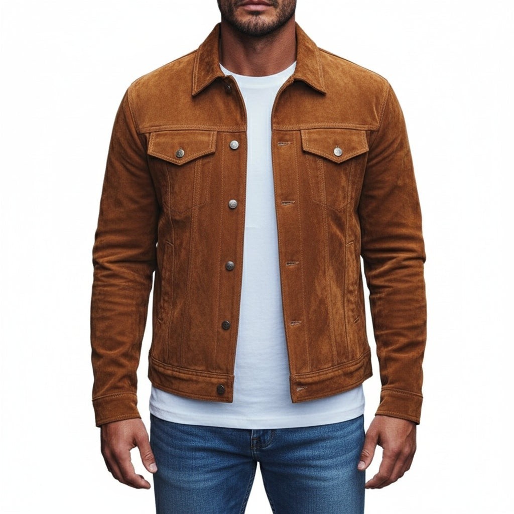Men’s Brown Handmade Real Suede Leather Jacket Motorcycle Biker Trucker Jacket