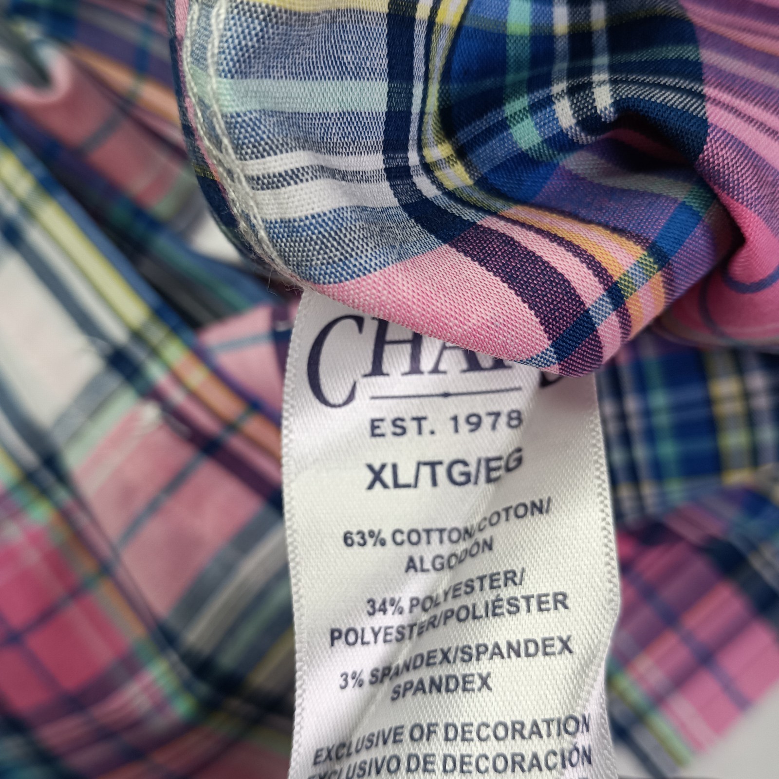 Chaps Easy Care Woven Shirt Men’s Size XL Peony Pink Plaid Stretch Classic Fit