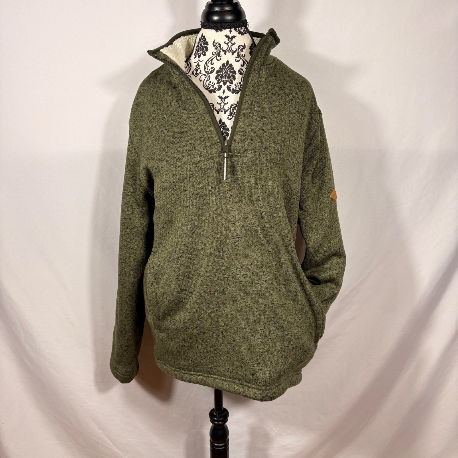 Orvis Mens Quarter Zip Sherpa Lined Sweater Pullover Olive Green Marl Medium