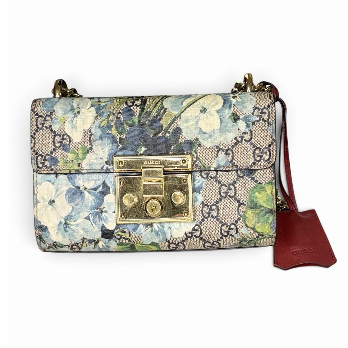 Gucci Small Padlock GG Blooms Shoulder Bag Blue Floral Red Leather Gold Chain