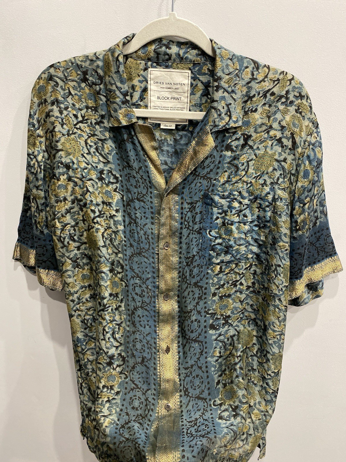 Dries Van Noten High Summer 2022 Block Print Shirt Size 52 Cotton Silk India