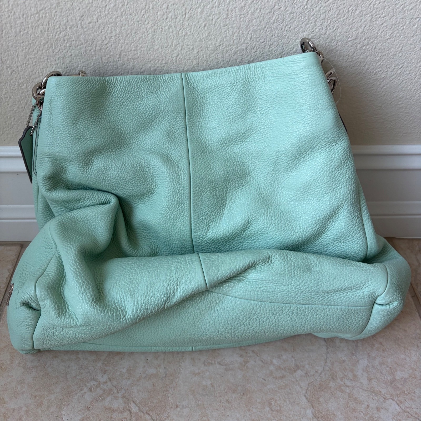 NWT $395 Coach Madison Phoebe Pebbled Leather Shoulder Bag Mint Green Silver