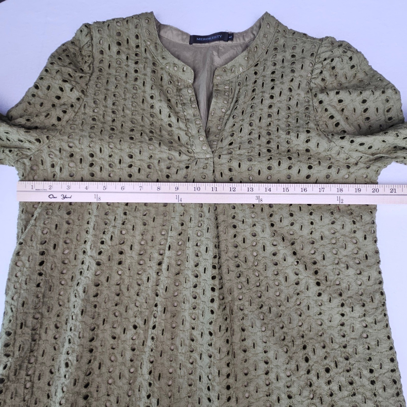 Merokeety Women Olive Green Eyelet Embroidered Split Neck Long Sleeve Blouse L