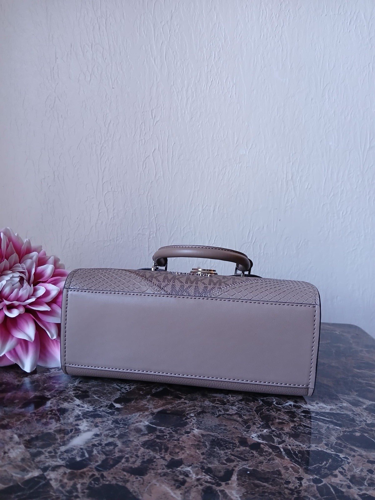 Michael Kors Beige Brown Animal Print Satchel Top Handle Zip Gold Charm Pockets