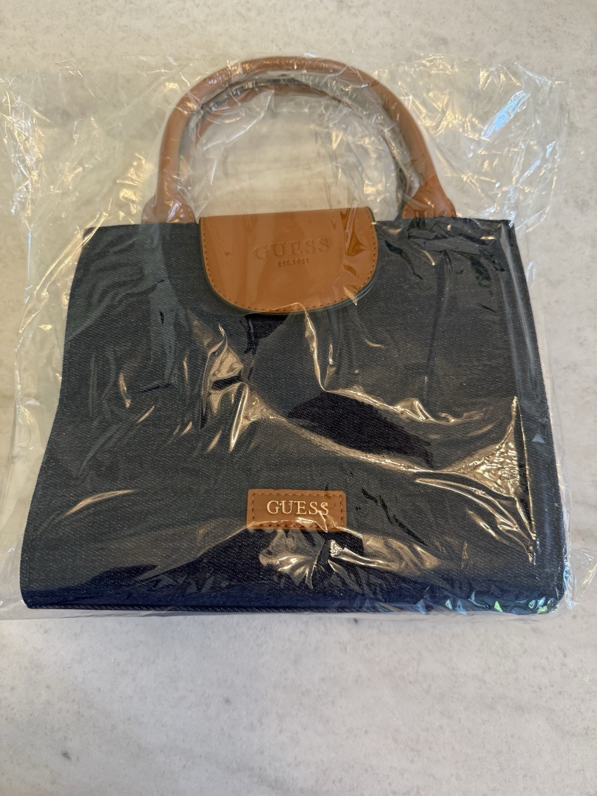 GUESS Women’s Blue Brown Small Satchel Top Handle Logo Detachable Strap