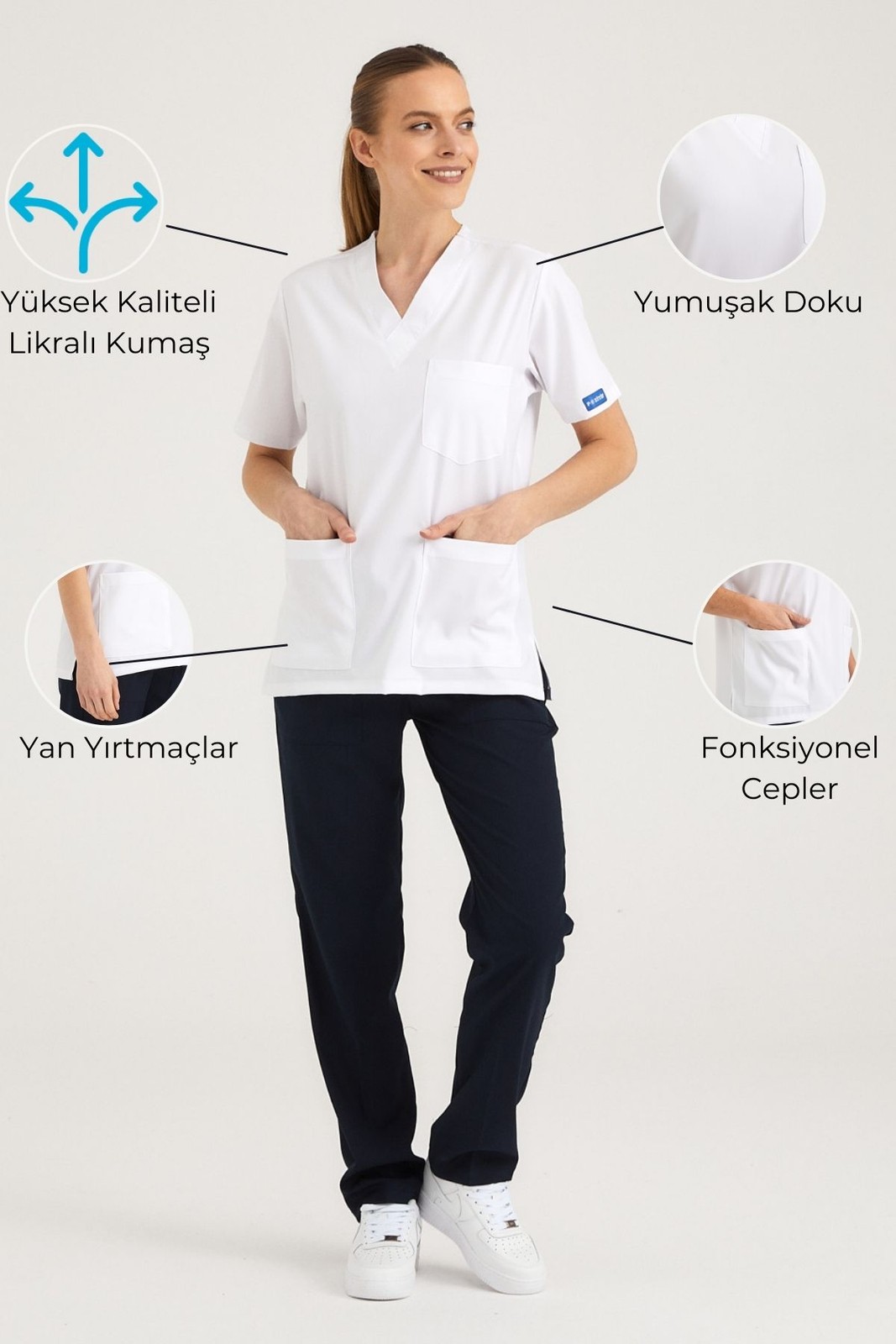 White Top Navy Bottom Positive Lycra Surgical Suit – Scrubs Set (Top+Bottom)