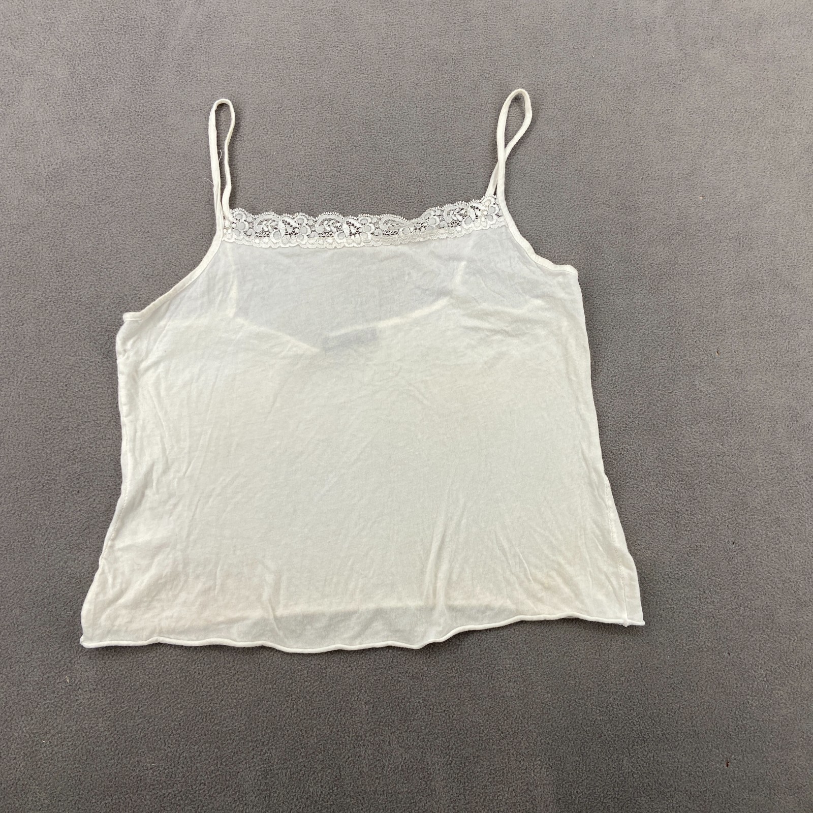 5-7-9 Cropped Top Sz S White Square Neck Spaghetti Strap Lace Trim Modern