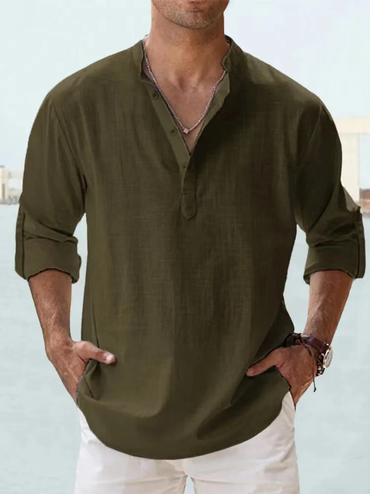 Men Casual Shirt Long Sleeve Cotton Linen Beach T Shirt Lightweight NEW 8 COLORS