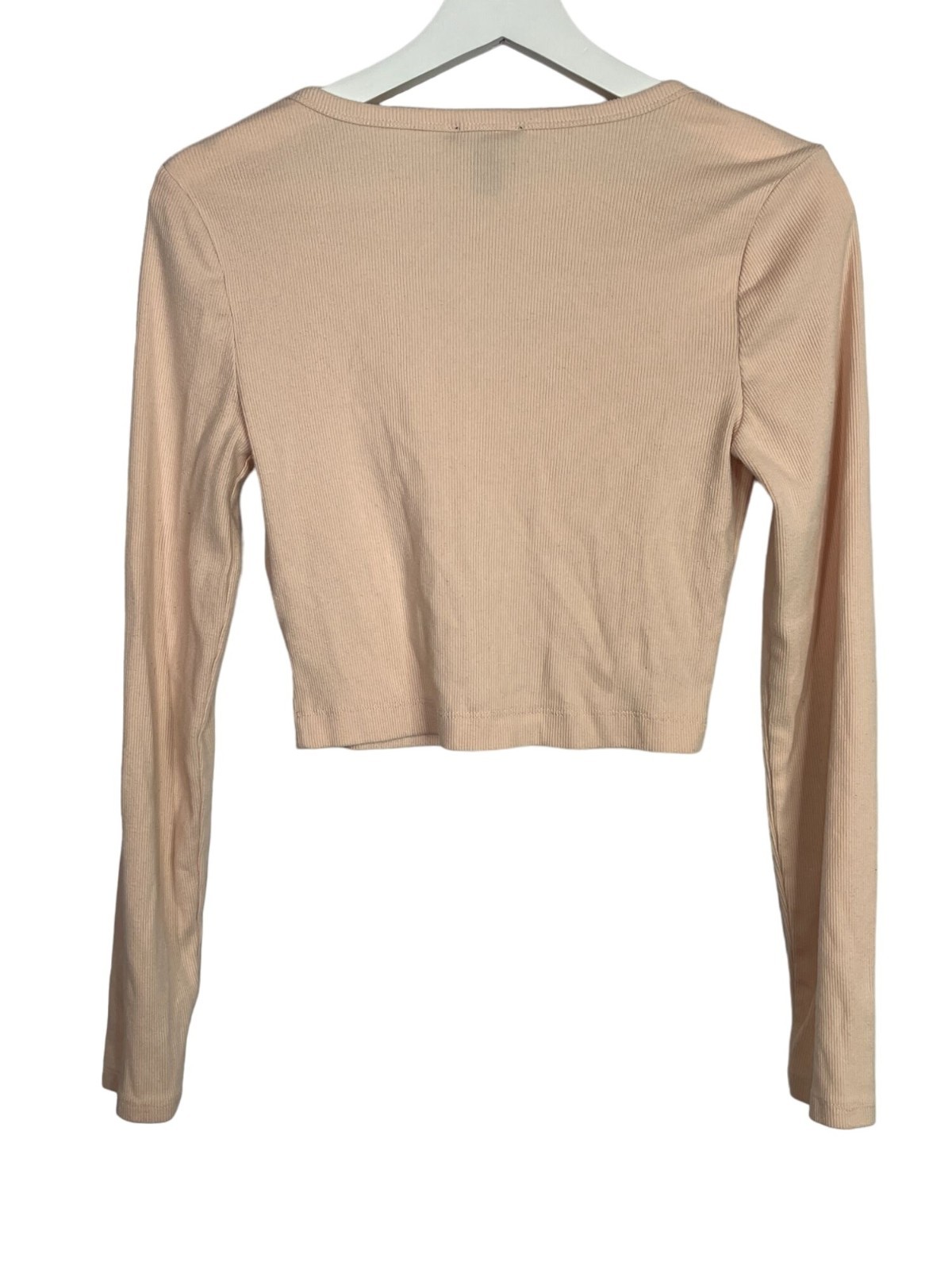 Forever 21 Ribbed Knit Crop Top Large Beige Tan Long Sleeve Scoop Neck Fitted