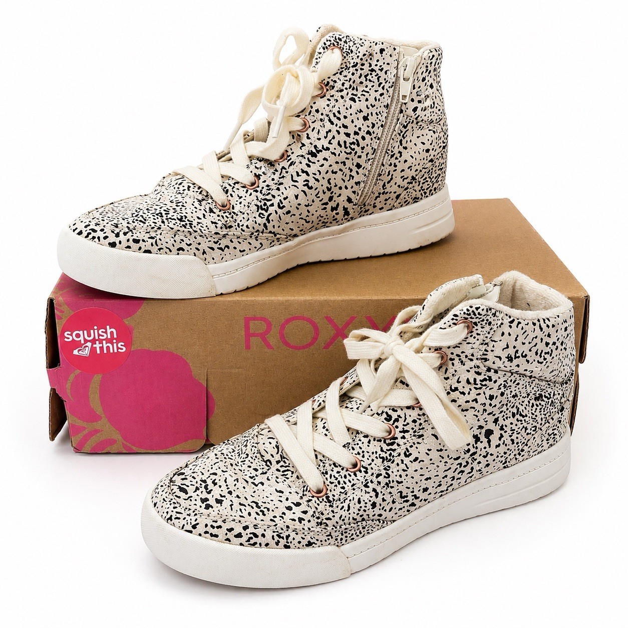 Roxy Camy U Women’s Size 10 Hidden Wedge High Top Sneakers Black White Print