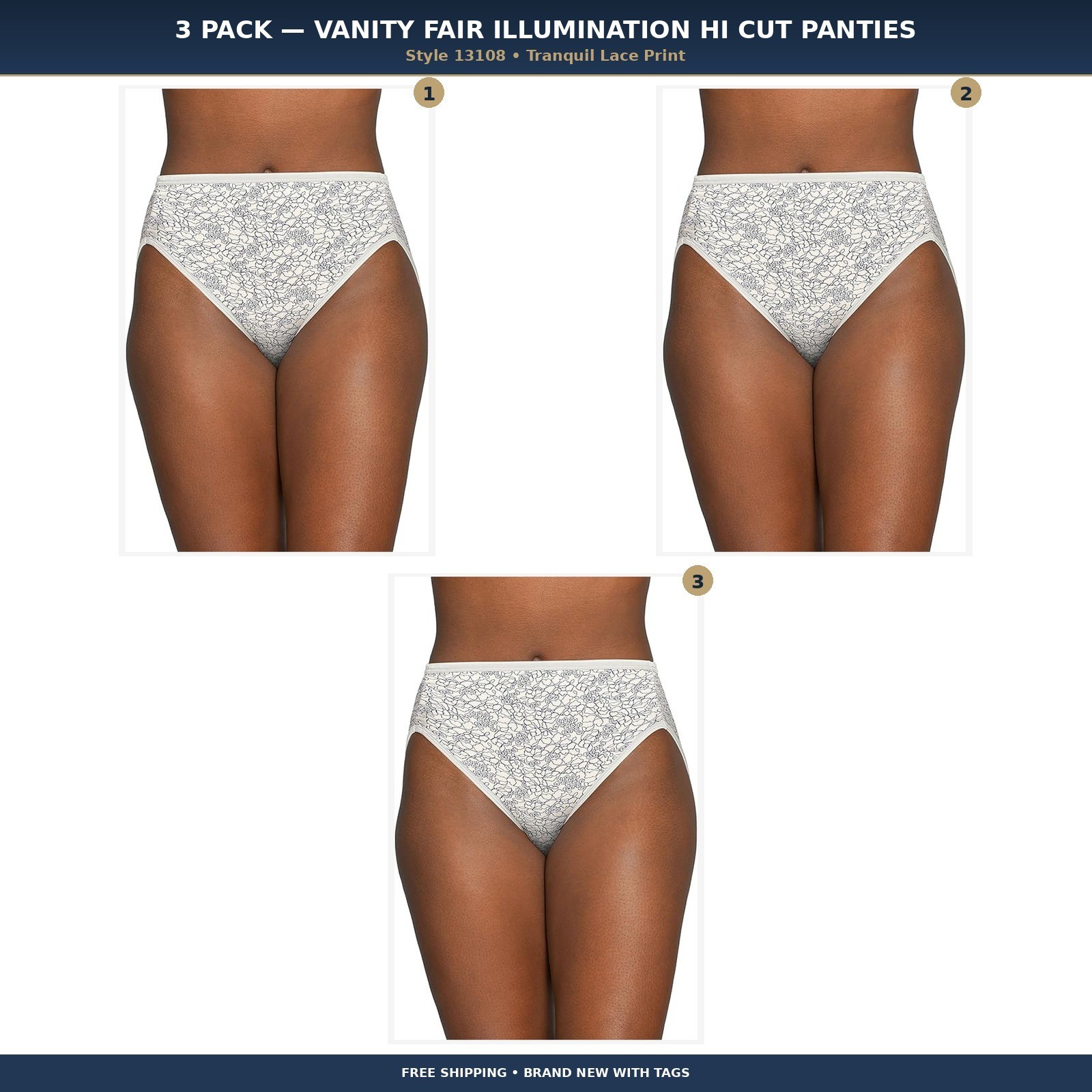 3 Pack Vanity Fair Illumination Hi Cut Brief Panty 13108 Tranquil Lace 6-10