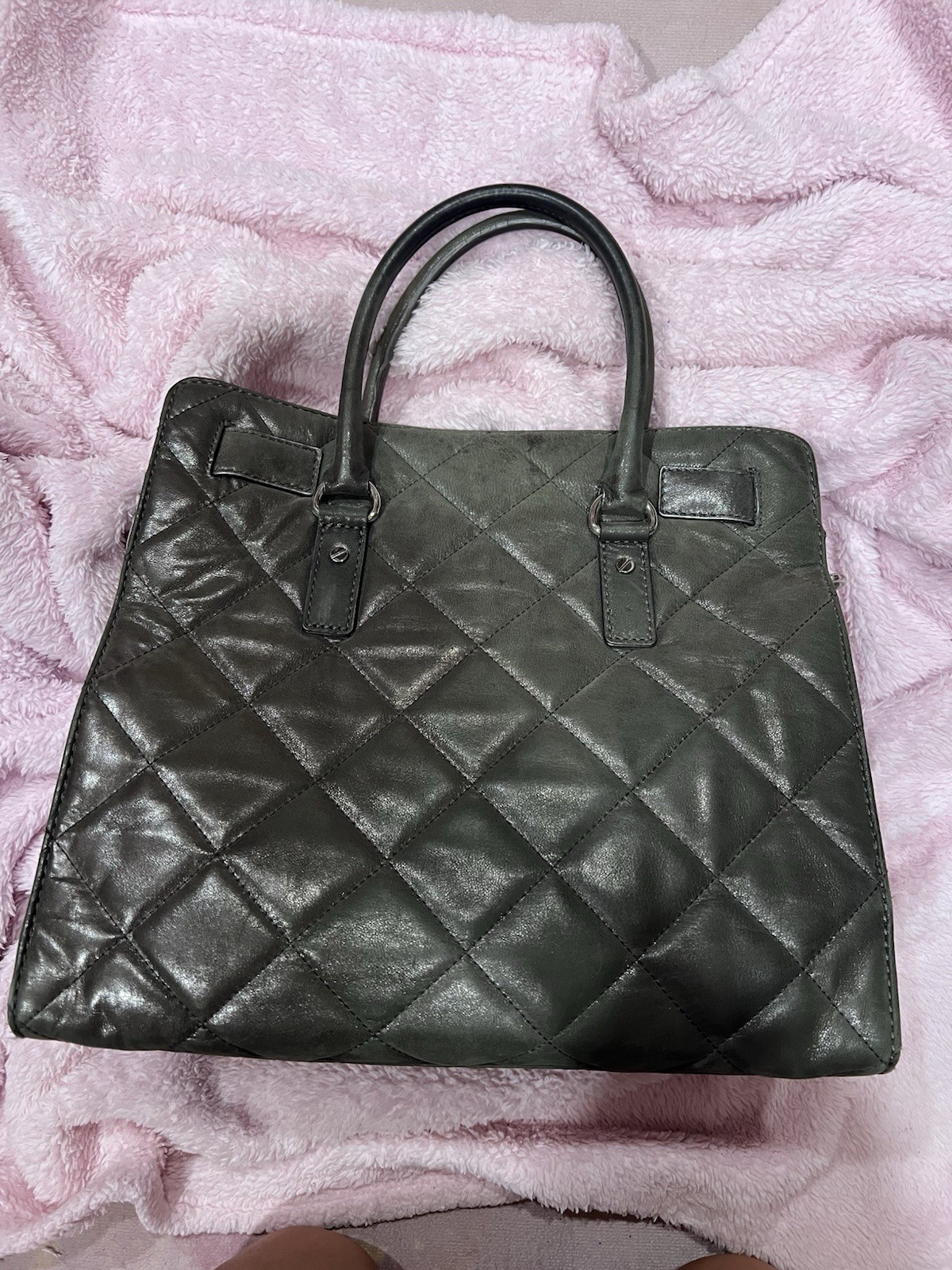 Michael Kors Quilted Black Large Satchel Zip Detachable Strap Silver Hardware