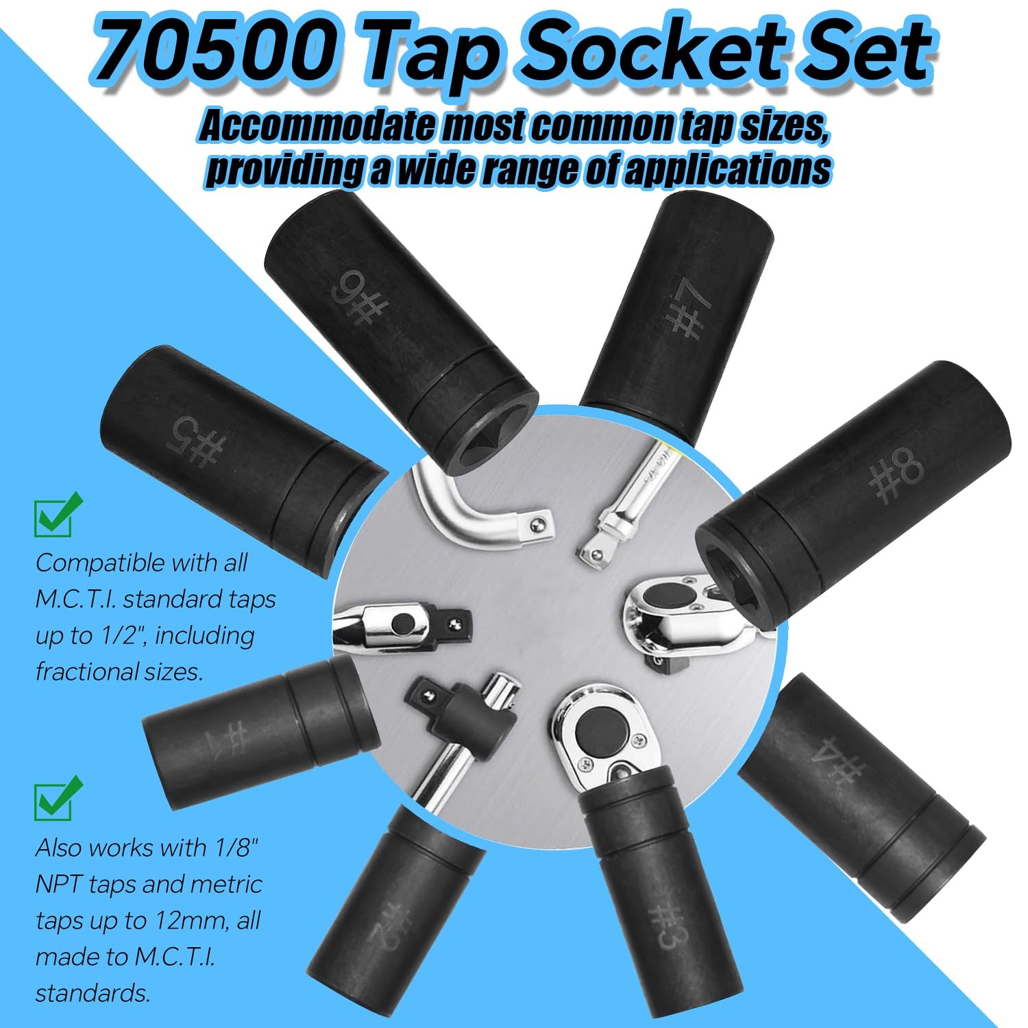 70500 Tap Socket Set, 8-Piece 1/4″ & 3/8″ Drive, Fits All MCTI Standard Taps (1
