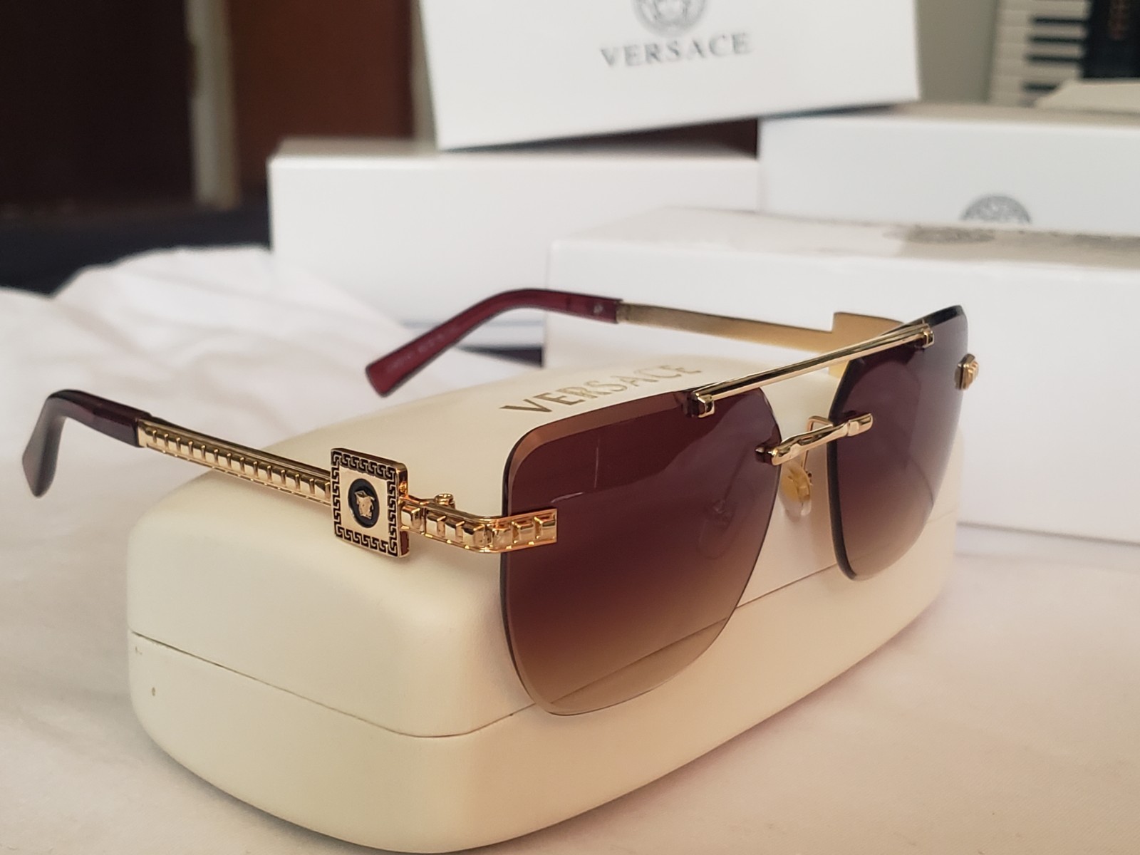 Versace Rimless Gold Metal Sunglasses Gradient Lens for Men