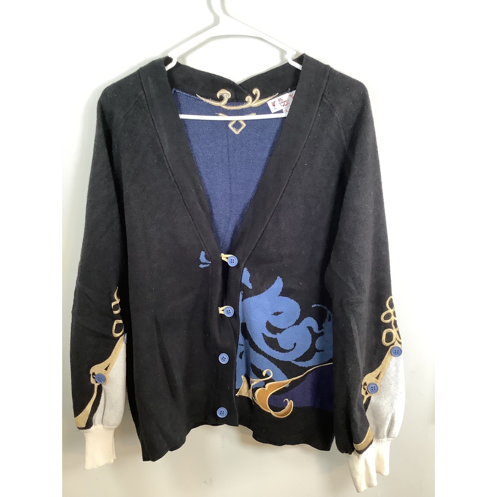 Sugahri Genshin Knit Cardigan Sweater Black Blue Gold Embroidered Large