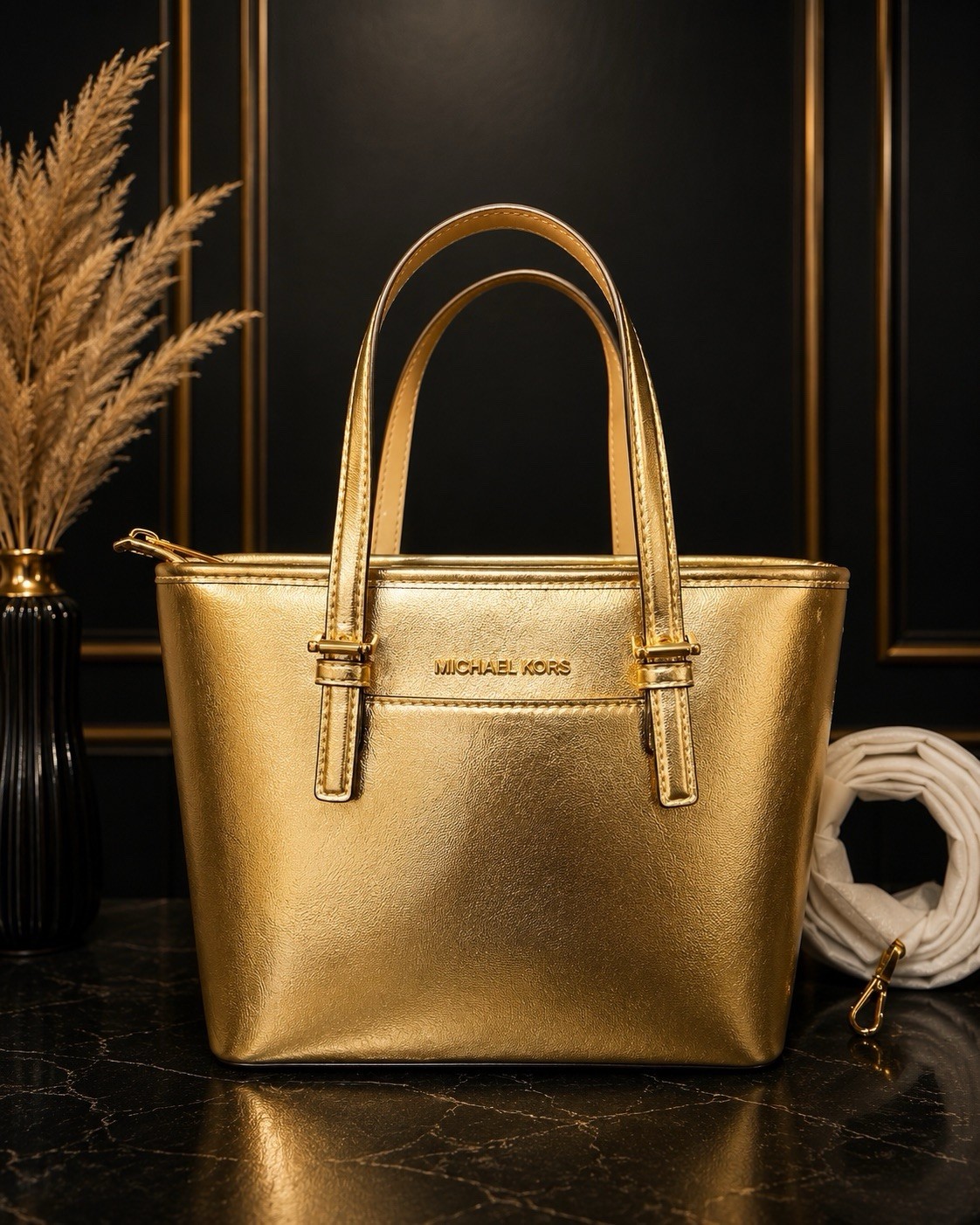Michael Kors Jet Set Gold Metallic Small Tote Satchel Zip Detachable Strap