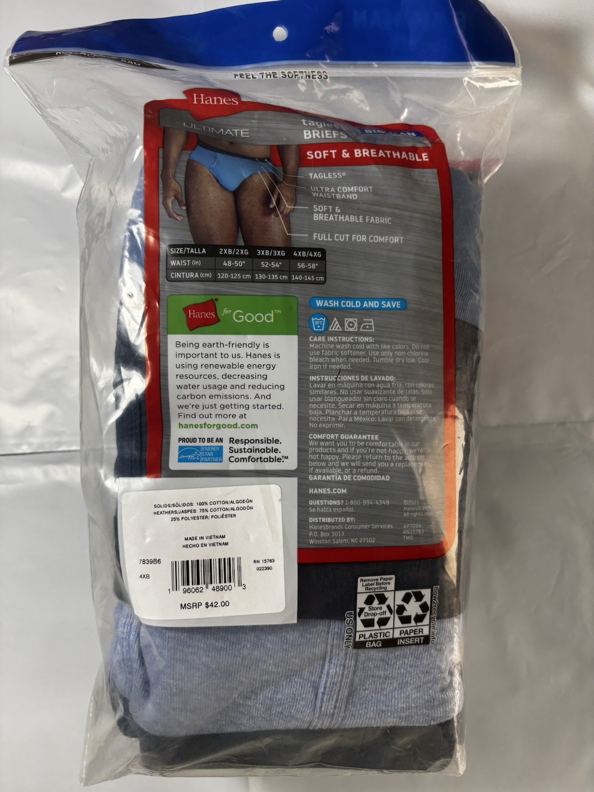 Hanes Briefs Men 4XB Multi Ultimate Big Man Tagless 6-Pack 7839B6 56-58” NEW