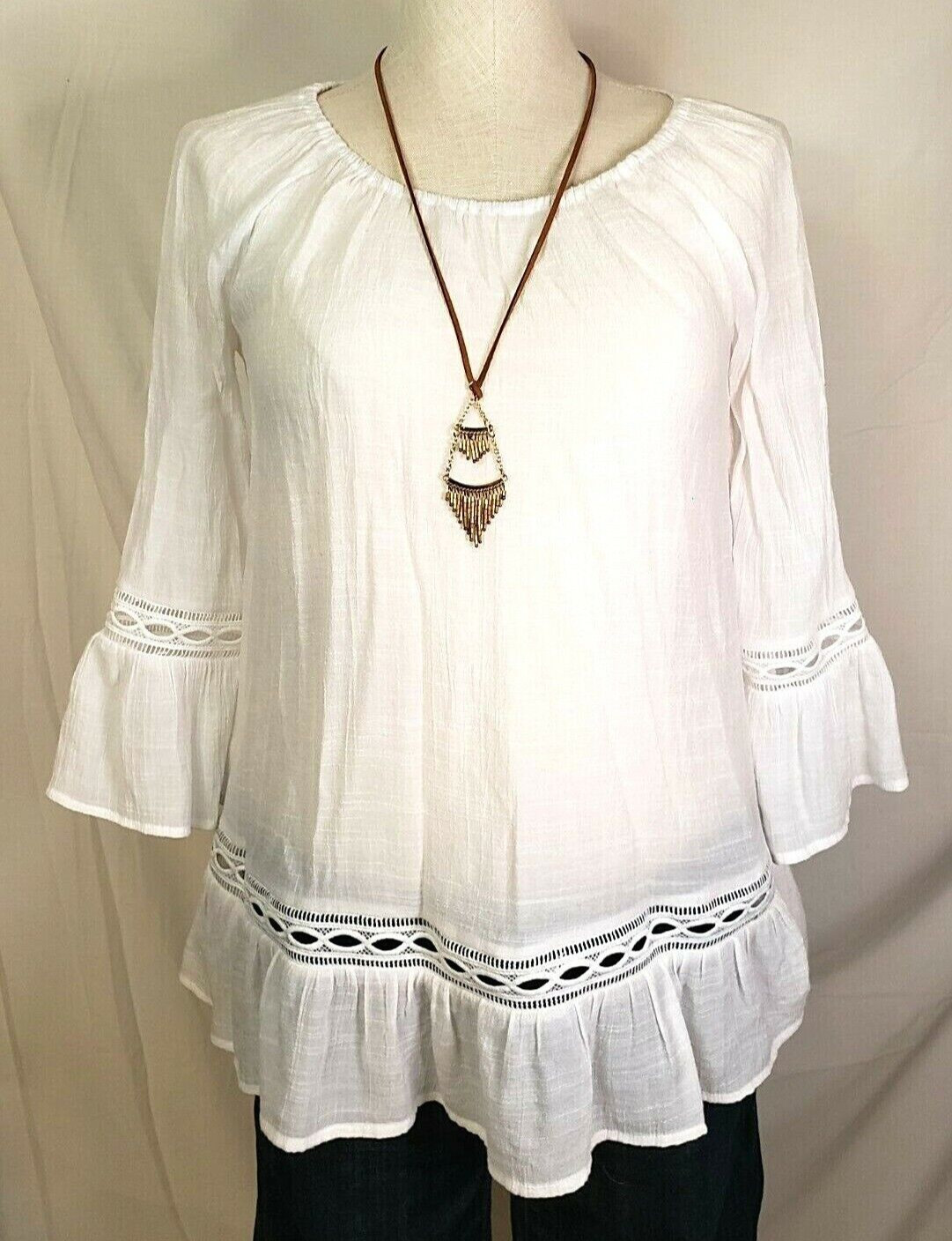 BYdesign Blouse Top 3/4 Sleeve Ruffle Eyelet Crinkled Beachy Boho Peasant size S