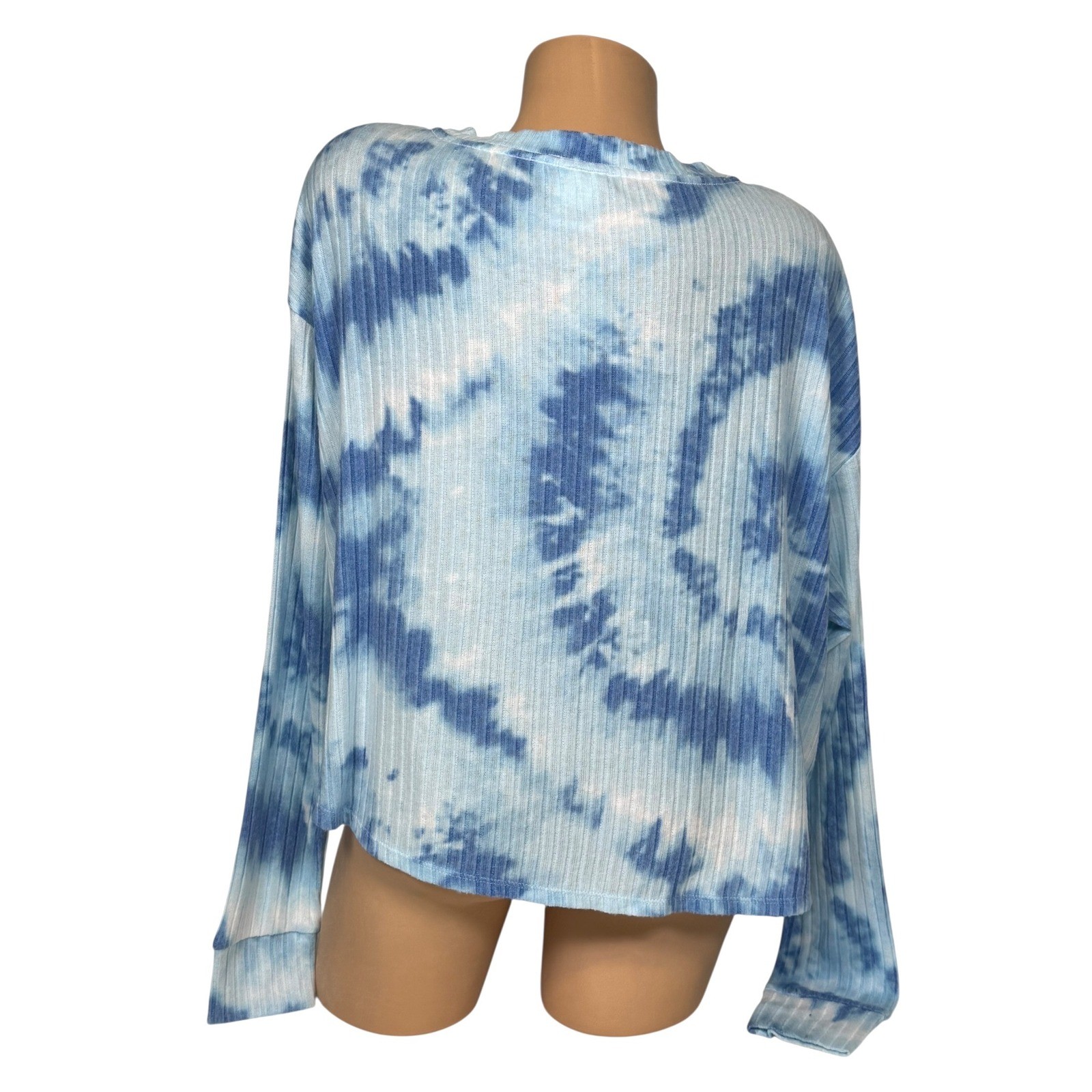 PINK Victoria’s Secret Tie Dye Ribbed V-Neck Long Sleeve Top Blue White Medium